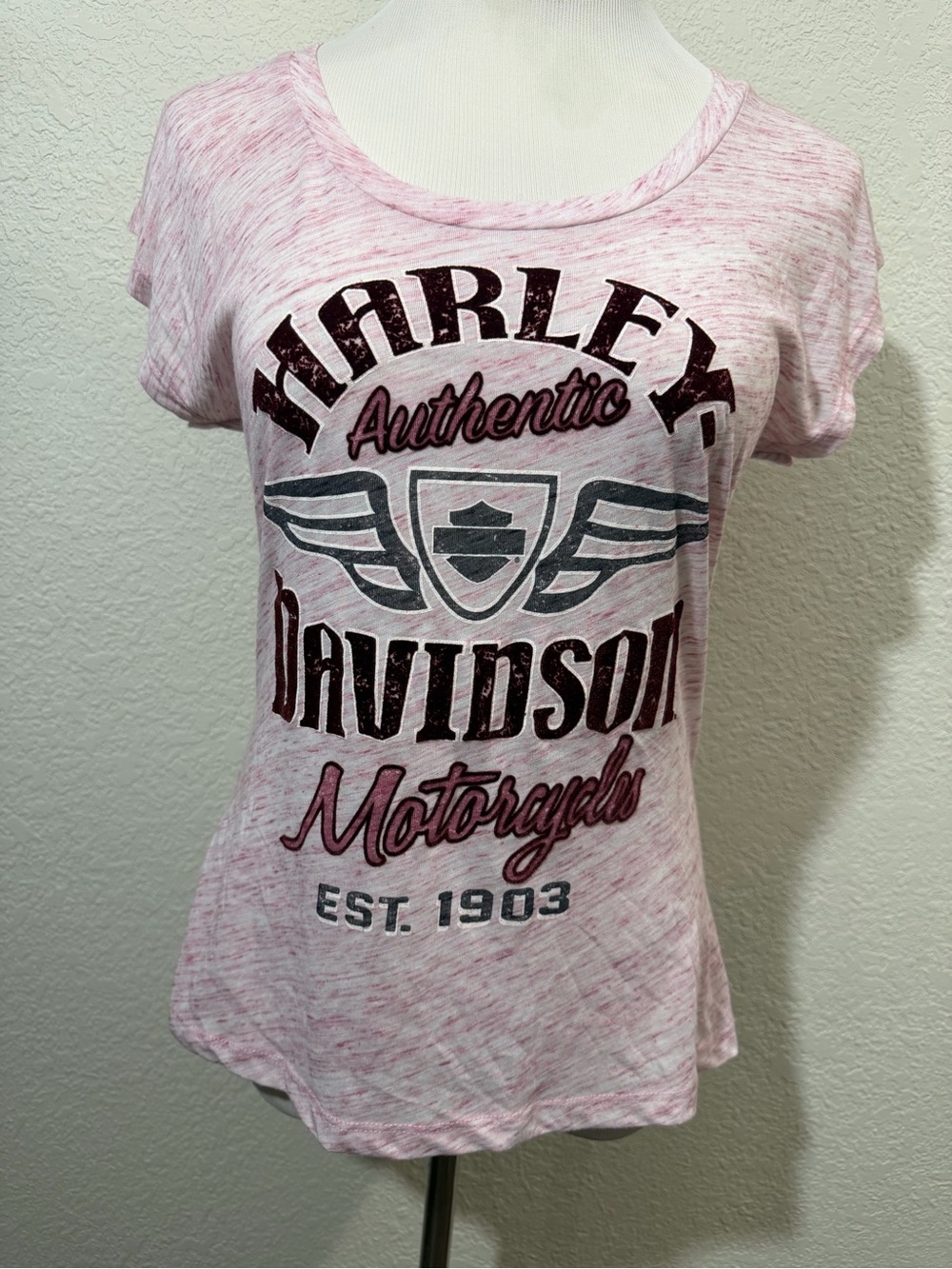 Harley-Davidson Women's Heather Pink Logo Tee with Black & Gray Print